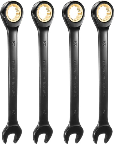 QUARKZMAN 4Pcs Llave de Trinquete 24mm Métrica de Boca Abierta 72 Dientes Acero CR-V Niquelado Llave Combinada de Trinquete para Tuercas y Pernos