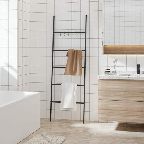 YYLIVING Échelle Porte-Serviettes à 5 Niveaux Noir 58 x 175 cm Fer, Support de séchage Autonome Rails de Suspension Vêtements de Salle de Bain en Bois Vêtements et Serviettes Suppor