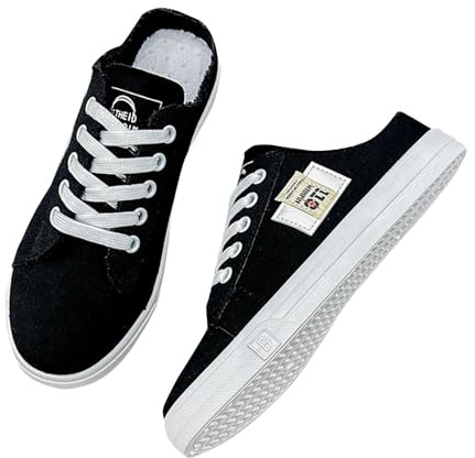 Women's Slip on Sneakers Breathable Canvas Shoes Fashion Comfortable Lightweight Mules Non-Slip Lace up Loafers Casual Open Back Shoes Black