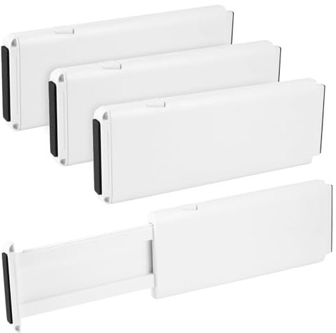 4er-Set Schubladentrenner verstellbar mit Doppelfeder – Praktisches 4-teiliges Schubladen-Ordnungssystem für Kleidung, Make-up, Küchenutensilien & Bürobedarf, weiß, 27,5-44cm Länge, 10,5cm Höhe
