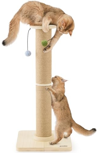 ZOMISIA 88cm Tall Cat Scratching Post for Indoor Cats, 12cm Large Scratch Post with Thicken Wooden Base, Sisal Scratcher Top & Dangling Balls Toy, Super Sturdy