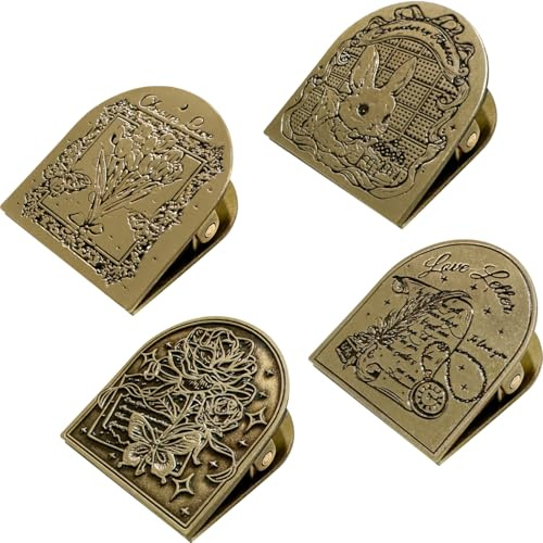 EHERDM 4Pcs Vintage Metal Clips Brass Color Book Page Holder Cute Binder Clamps for Planner Journal Clips Documents Notebooks Tickets Elegant Gift for Women Rose+Flower+Letter+Rabbit