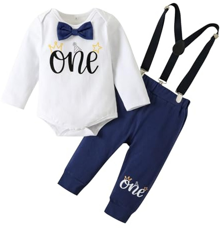 Winmany Baby pojkar 1. Födelsedag outfit småbarn tårta smash kläder kortärmad sparkbyxor hängslen shorts första födelsedag kläder set, Långärmad marinblå, 12-18 månader