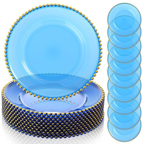 LemonRoad 12 Pack Blue Charger Plates 13'' Plastic Clear Blue Chargers with Bead Rim Round Tabletop Decorative Plates for Wedding Bridal Shower Holiday Party Home Restaurant Supplies(Gold)