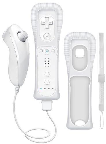CLVIZCXOM 1 Set Remote Fit for Wii/Wii U Remote Built-in MotionPlus (White) | 1 Remote + 1 Nunchuk + 1 Case + 1 Strap, Compatible with Nintendo Console