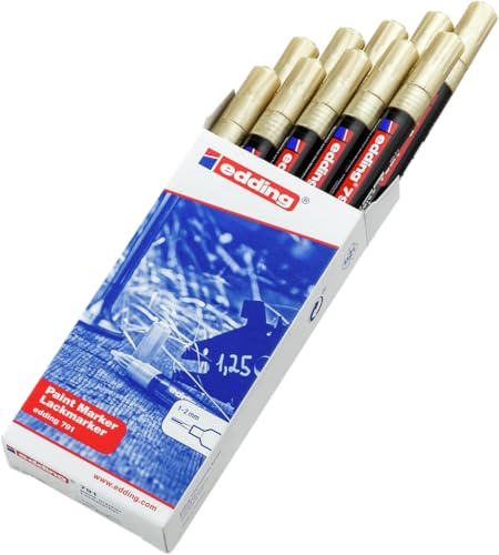 edding 791 Lackmarker – gold – 10 Stifte – dünne Rundspitze 1-2 mm – Lackmarker zum Markieren und Beschriften von Metall, Glas, Stein oder Kunststoff – hochdeckend, permanent, wischfest
