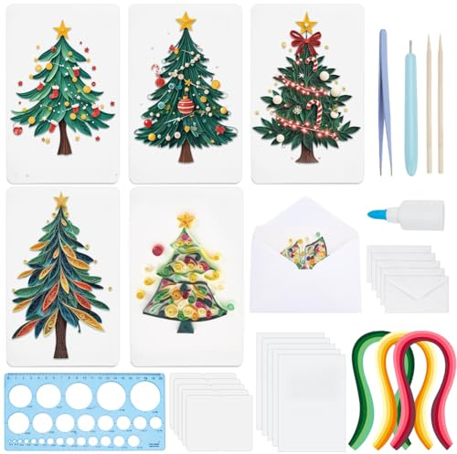 WEBEEDY 20 Set Weihnachtsbaum Papier Quilling Kit DIY Weihnachtskarten Set Mit Anleitung Für Anfänger Handgemacht 3D Weihnachtsbaum Grußkarte Für Party Dekoration