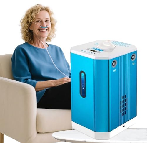 FXNFXLA Dispositivo De Terapia De Inhalación De Hidrógeno De 225/450 Ml/Min, Máquina Inhaladora De Hidrógeno, Ionizador De Agua H₂ De Alta Pureza del 99,99%, Inhalador De Doble Puerto Blue 225ml/min