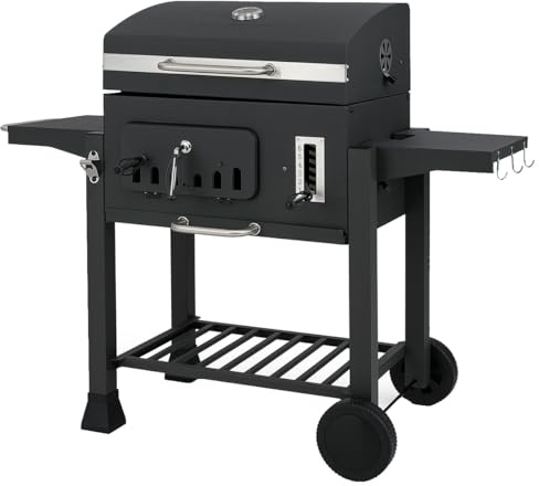 GOPLUS Barbacoa de Carbón de Acero con Bandeja Ajustable | Parrilla de Carbón con Ruedas, Conservación del Calor y de Asar, Termómetro, Mesa Lateral Plegable, Mangos, Ventilación