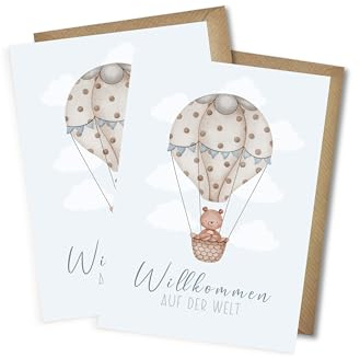 WBdesignz 2er-Set Glückwunsch Karten Geburt „Willkommen auf der Welt“ mit Umschlägen – Babykarten mit Bär & Heißluftballon – süße geschlechtsneutrale Geburtskarten für Eltern & Baby (DIN A6)