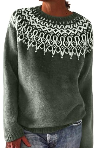 Generisch Norweger Pullover Damen Stricken Strickpullover Damen Winter Warm Langarmpullover Rundhals Langarm Damenpullover Elegant Oversize Langarmshirt Warmer Große Größen Winterpullover