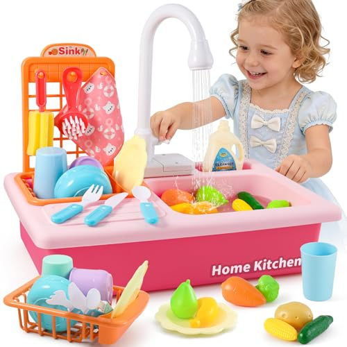 Mini Tudou Cocina de Juguete, Fregadero de Cocina con Agua, Grifo Mejorado con Sistema Automático de Ciclo de Agua, Accesorios de Cocina Juguetes, Juego de rol Regalo para Niños y Niñas(Rosa)