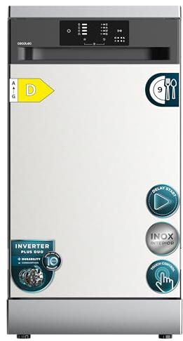 Cecotec Freistehender Geschirrspüler 45 cm Bolero Aguazero 4350 Inox. 9 Maßgedecke, 4 Programme, Energieeffizienzklasse D, Inverter Plus Duo Motor, Selbstreinigung, Startzeitvorwahl, Edelstahl