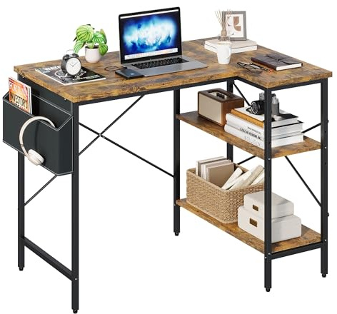 Panana L Shaped Gaming Desk Corner Computer Desk with Storage Shelves & Storage Bag, Reversible Home Office Desk Workstation Writing Study Table for Small Spaces (Rustic Brown, 100x70cm)