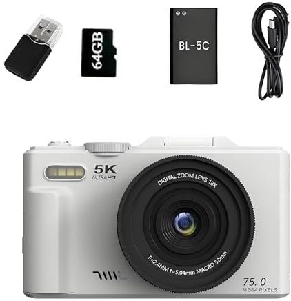 Optinexo Appareil Photo 5K Numérique Compact, Zoom Numérique 18x, Écran Orientable À 180°, 75 Millions De Pixels, Carte Mémoire De 64 Go Incluse, Idéal pour Les Voyages Et Les Débutants (Blanc)