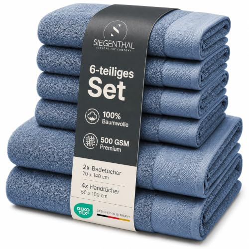 SIEGENTHAL® Handtuch Set 6-teilig aus 100% Baumwolle – 2 Badetücher 70x140 cm & 4 Handtücher 50x100 cm für Bad & Gäste-WC, Weich, Saugstark, Schnelltrocknend - Blau