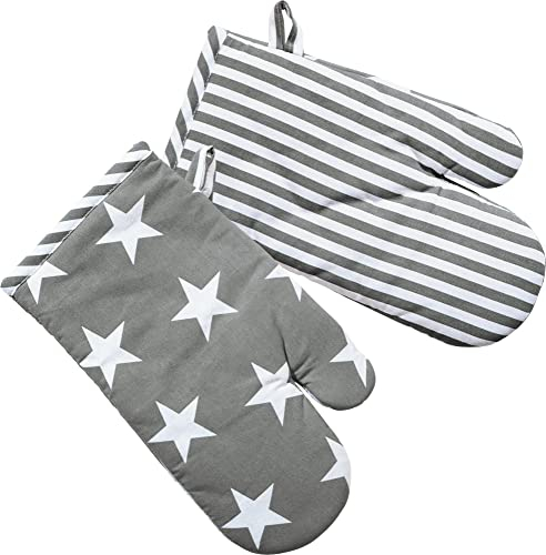 REDBEST Ofenhandschuh in Wendeoptik grau Größe 15x30 cm - Sterne und Streifen, hitzebeständige Wattierung, feines, glattes Gewebe (weitere Farben)