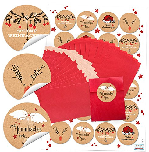 Logbuch-Verlag 24 kleine rote Papiertüten - Mini Tütchen 7 x 9 cm + 24 runde Weihnachtsaufkleber mit Text ø 4 cm - Geschenktüten zum Befüllen