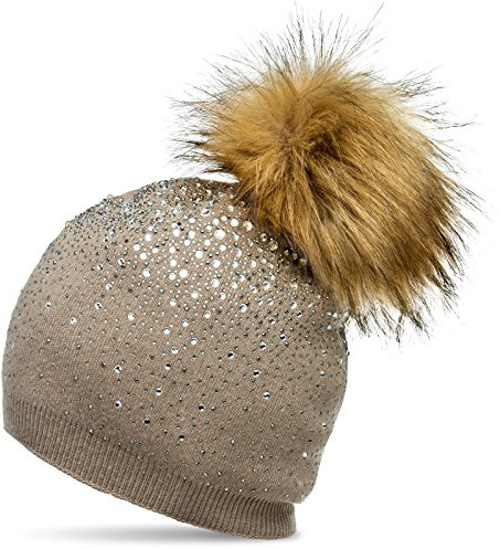 Caspar MU188 Damen Fein Strick Glitzer Strass Winter Mütze mit Fellbommel