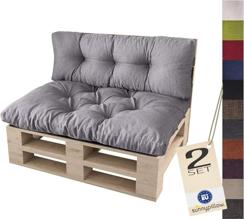 sunnypillow Palettenkissen für Palettenmöbel - 2er Set - Palettenauflage 120 x 80 für Palettensofa - Palettenpolster für Garten, Gesteppte Kissen für Europaletten - Sitzkissen & Rückenkissen Grau