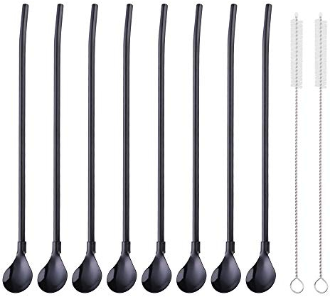 Do Buy Wiederverwendbare Strohhalme Löffel 18/8 Edelstahl 8 Stück Trinkhalmlöffel Schwarz mit 2 Bürsten Cocktail Latte Macchiato Löffel 21,5CM