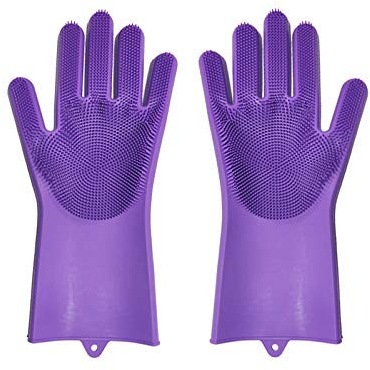 Silikon Spülhandschuhe mit Scrubber, Abwasch Reinigungshandschuhe, Wiederverwendbare Hitzebeständige, Magische Handschuhe für Küche, Bad, Auto, Pet Hair Care (violett)
