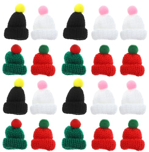 PRETYZOOM 20 Stück Mini Wollmütze Puppen Hut Weihnachtsmütze Weihnachtshut Weinflasche Topper Hut für DIY Basteln Kunsthandwerk Weihnachtsschmuck Rot Grün Weiß Schwarz