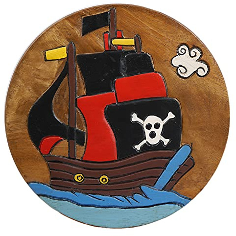 ART-CRAFT Vielseitiger Kinderhocker Holzhocker rund aus Massivholz Piraten Kogge mit vielen Einsatz Möglichkeiten