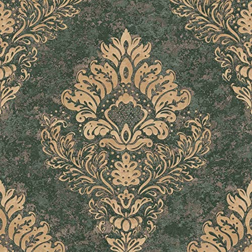 Barock- & Ornament-Tapete Vlies Barocktapete Grün Tapete für Büro Diele/Flur | Beige / Crème Braun | 10,05 x 0,53 m