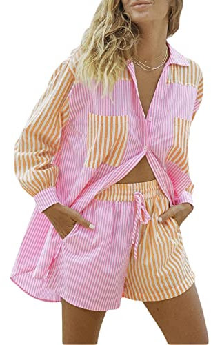 SOMTHRON Damen Zweiteiler Casual Activewear Set Gestreiftes Langarmhemd Loose High Waist Shorts Set(PI,M)