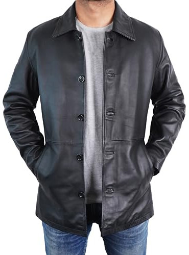 STOREJEES Klassischer Herren-Wintermantel aus Leder, 3/4-Länge, mit Knopfleiste, echtes Lammfell, lange Jacke, Automantel – Schwarz, M