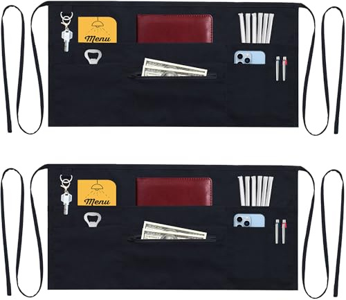 TEXVIDA 7 Pockets Server Aprons with Zipper Pocket (2 Pack) - Commercial Grade Aprons for Women Men - Waiter Waitress Waist Half Apron - Black 24x12