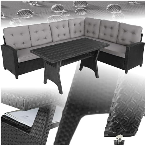 tectake® Gartenbank, Set mit Bank und Esstisch, Rattan Eckbank Outdoor Lounge, Sitzecke wetterfest als Gartenlounge, Balkon Möbel, Wintergarten, Terrasse - schwarz