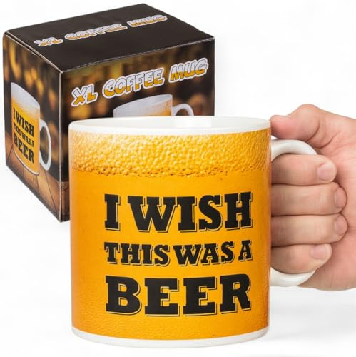 MIJOMA XL Kaffeebecher I Wish This Was A Beer aus Steingut – große Tasse 13 x 11 cm – ca. 850 ml – Fun Becher für Büro und Zuhause