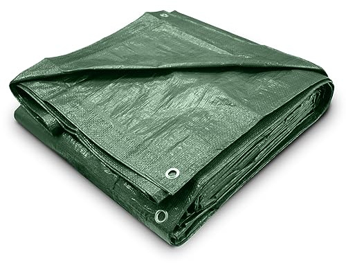 Green Tarpaulin Sheet 2.7m x 3.5m (Cut-Size) Lightweight PE Plastic Tarp 80gsm Water-Resistant Ground Sheet Multipurpose Tarpaulin Covers used for Garden Furniture Shed Camping (9ft x 12ft)