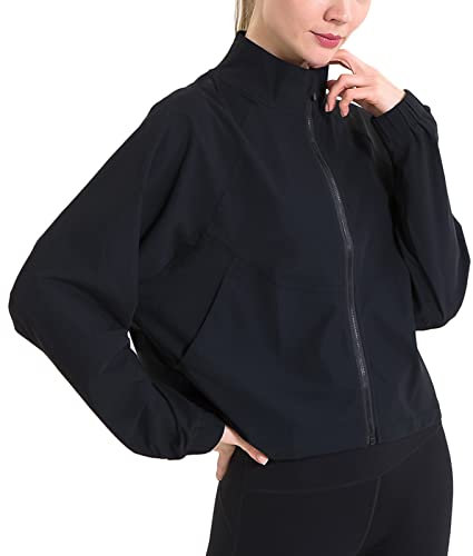 SEAUR - Athletic Jacket Women Long Sleeve Sun Protection Shirts Running Yoga Gym Track Zip Up Cropped Jackets Lightweight Sports Coat - Black