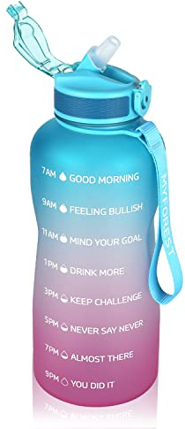 MYFOREST Sports Water Bottle, Time Marker for Motivational Hydration, Drop-proof, BPA-free, Wide Mouth for Easy Clean: Cold/Hot/Carbonated/Cider (2.2 L Blue-pink2, 2200 ml)