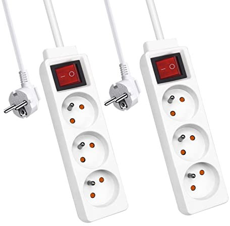 EXTRASTAR Multiprise avec Interrupteur, Bloc Multiprise 3 Prises 16A Blanc, Multiprise Electrique rallonge multiprises H05VV-F,3G1.0mm2, 1.5M - Lot de 2