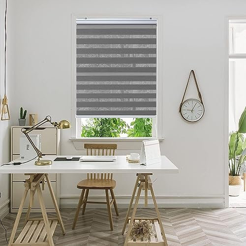 Lamellenvorhang 60 x 340 cm Doppelter Stoff, durchscheinend Sonnenschutz Jalousie mit Verstellbarer Kette für Fenster oder Tür, Badezimmer, Dunkelgrau