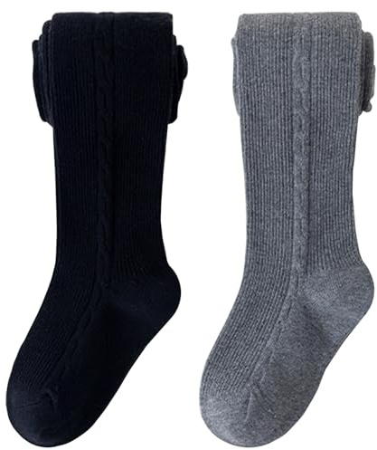 Fadcaer 2 Pack Warm Girls' Tights - School, Ballet, Cozy Knit Cotton Rich Leggings Pantyhose for Kids 5-8 Years (Black+Grey)