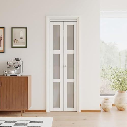 JuJuBon Bifold Doors, 24x 80 3-Lite Tempered Frosted Glass Closet Door with Sliding Hardware Kit, Interior Bi Fold Doors for Pantry, Solid Build Quality & Easy Install, White