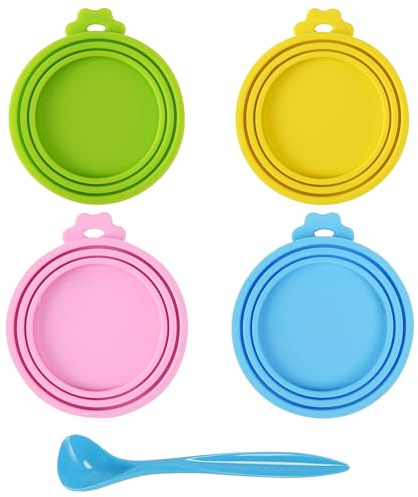 ZEACCT 4 Pcs Pet Food Can Lids Caps, Dog Food Tins Covers, Universal Silicone Tins Lids, with Spoon, Cat Food Stretch Lids, Pet Can Airtight Covers, Fits All Standard Pet Can Sizes