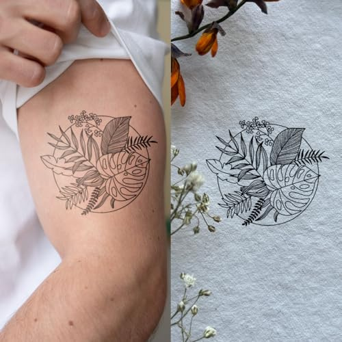 Kreis mit tropischen Pflanzen - Inkster Tattoo | vegane & wasserfeste Temporäre Tattoos für Erwachsene - EU-Kosmetikzertifizierte Farbe - revolutionäres 2 Wochen Tattoo | Premium Klebetattoos