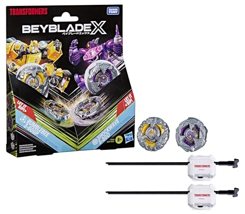 Beyblade X and Transformers Collab, Bumblebee 3-60GP vs. Shockwave 5-80O, 2 Takara Tomy Tops, 2 Launchers, Battling Top Game Toys, Ages 8+ (Amazon Exclusive)