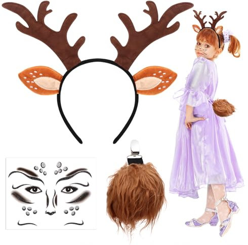Draupnir Geweih Haarreif Damen, 3er Karneval Reh Geweih Haarreif mit Rentier Schwänze und Gesicht Aufkleber für Fasching Karneval Halloween Weihnachten Cosplay