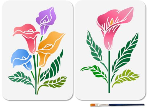 MAYJOYDIY Calla-Lilien-Schablonen, wiederverwendbare Blumenschablonen zum Bemalen von Blättern, Pflanzen, Schablonen mit Pinsel für Geschenk, Dekoration, Basteln, Fenster, Holz, Wand, Zuhause, 2 Stück