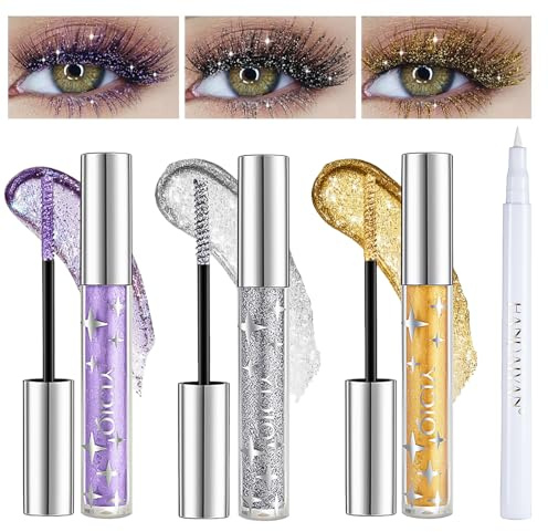3 Stück Glitzer Wimperntusche Silber,Mascara Glitzer,Glitzer Mascara Silber,Wimperntusche Glitzer,Skyhigh Mascara Glitzer,Geeignet für Funkelndes Augen-Make-Up,Party/Hochzeit,Mit 1 Eyeliner