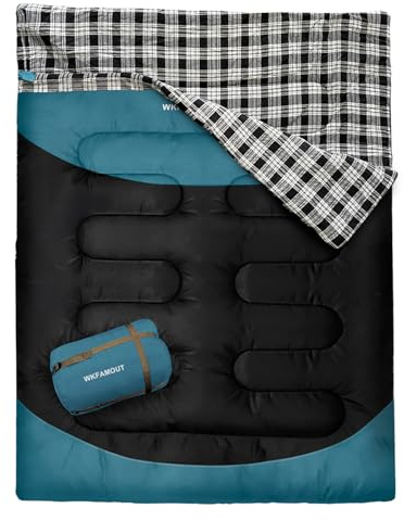 WKFAMOUT Doppelschlafsack für Erwachsene Maschinenwaschbar Schlafsack Deckenschlafsack 2 Personen Schlafsäcke Outdoor wasserdichte Winter mit Aufbewahrungstasche 220x150CM Cyan