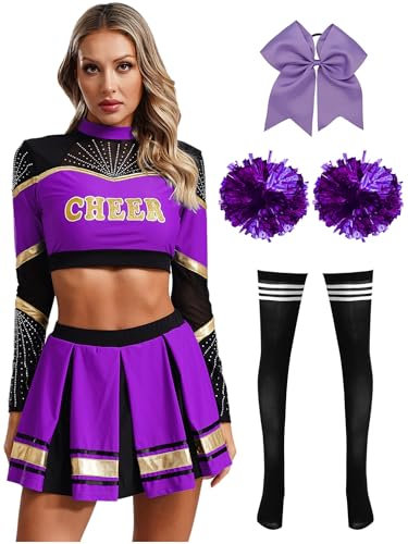 inhzoy Damen Cheerleading Kostüm High School Cheer Leader Rock Langarm Crop Top Pompons 2er/4er/5er Set Halloween Karneval Kostüm Lila&Schwarz-Strümpfe M