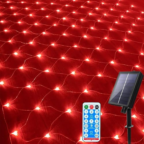 DINOWIN 96LED Solar Lichternetz 1,5x1,5M Lichterkette mit Fernbedienung 8 Modi IP65 Wasserdicht für Garten Weihnachten Hochzeit Party Dekoration Fenster Büsche Terrasse (Rot)